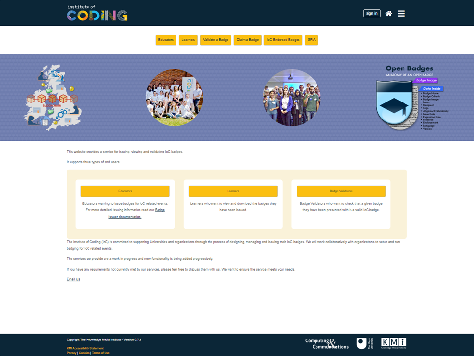 Figure 6 – IoC badging website homepage (not logged in)