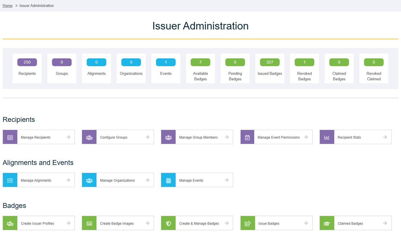Figure 7 – Badge Issuer Administration homepage