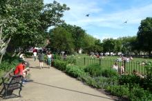 A sunny park scene with people walking, sitting on benches, and relaxing on the grass, surrounded by green trees and plants